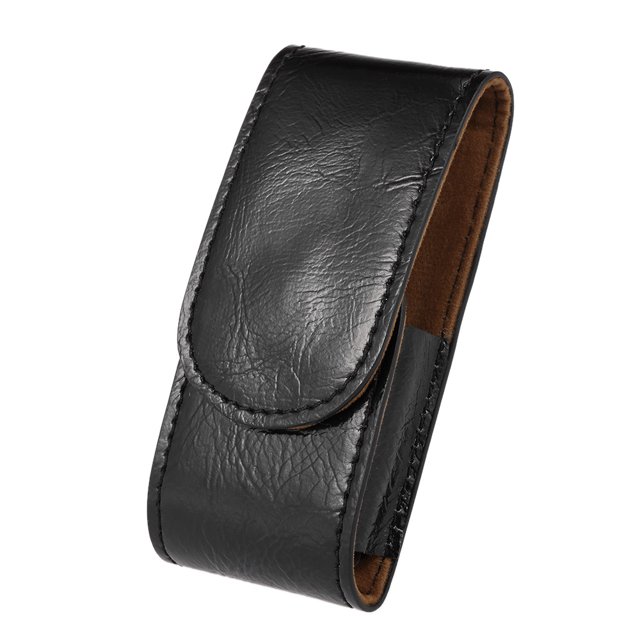 Estuche de viaje para navajas de afeitar de doble cara, hecho en cuero sintético, color negro, compacto y ligero, ideal para mantener tu afeitadora segura y organizada.