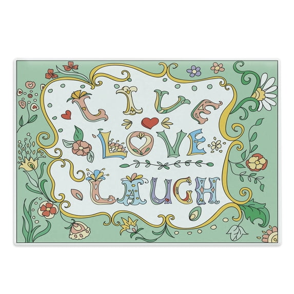 Live Laugh Love Cutting Board, Ornate Doodle Wreath Words with Flowers Springtime Petals Print, Decorative Tempered Glass Cutting and Serving Board, Large Size, Multicolor, by Ambesonne