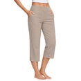 thumbnail image 3 of FUNUONY Capri Linen Pants for Women Causal Straight Wide Leg Summer Beach Vacation Lounge Elastic Waist Trouser with Pockets Summer Boho Dressy Casual Beach Trousers Khaki S-3XL, 3 of 9