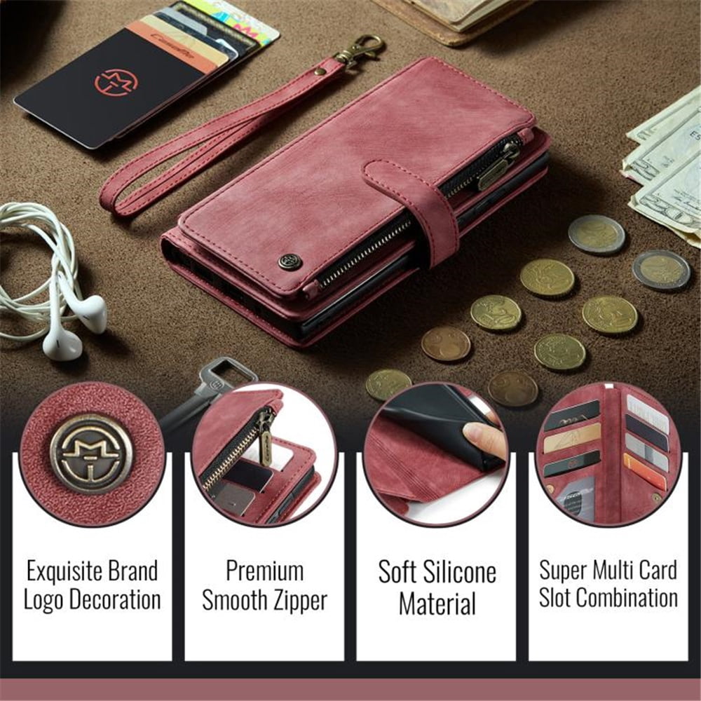 CaseMe Case for Samsung Galaxy A37 5G Wallet Case for Women Men, Fashion Durable PU Leather Magnetic Flip Lanyard Strap Wristlet 10-Card Holder Zipper Wallet Phone Case,Red,For Galaxy A37 5G