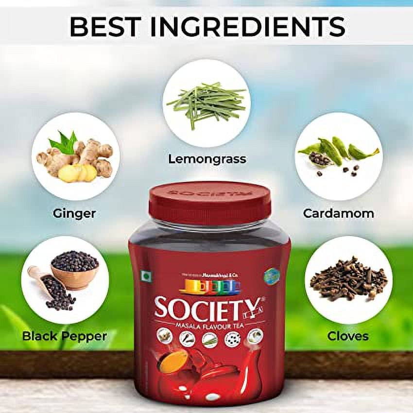 Society Masala Tea 32 Oz with Ginger, Clove Bud, Lemongrass, Black Pepper & Cardamom, 100% Natutal Spices, Masala Spiced Chai, Traditional Masala Tea, Strong & Robust Blend, No Gluten, 900 grams