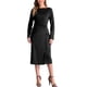 thumbnail image 1 of Vestido de manga larga ajustado con cuello barco y cintura fruncida para mujer, vestido midi de oficina en negro, talla M, 1 of 1