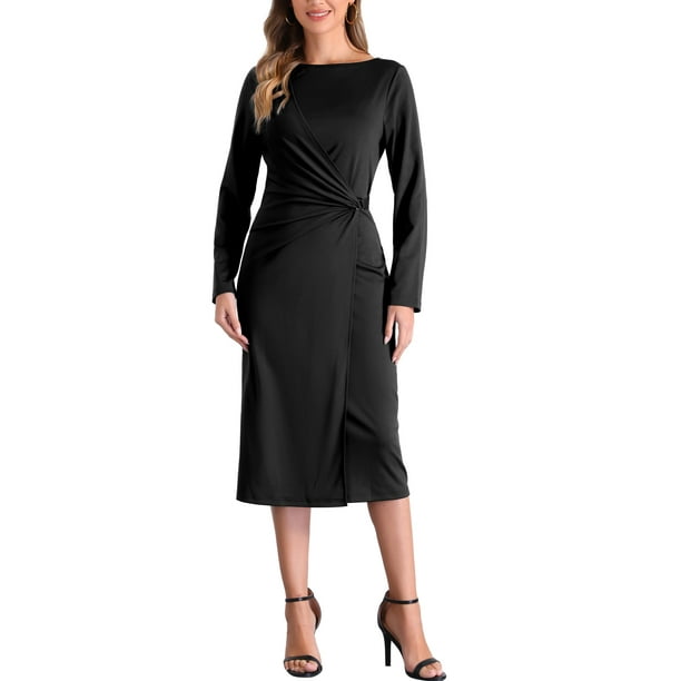Vestido de manga larga ajustado con cuello barco y cintura fruncida para mujer, vestido midi de oficina en negro, talla M