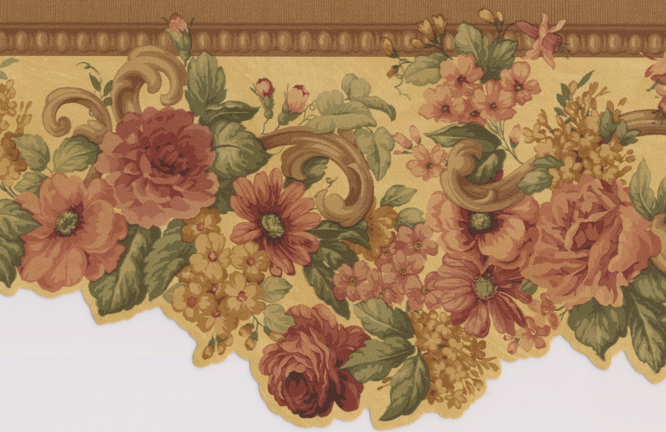 Wallpaper Border - Pink Roses Yellow Floral Wall Border Retro Design