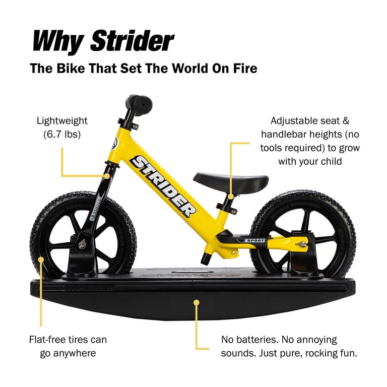 Strider 12” Sport Bike (Yellow) + Rocking Base - Helps Teach Baby