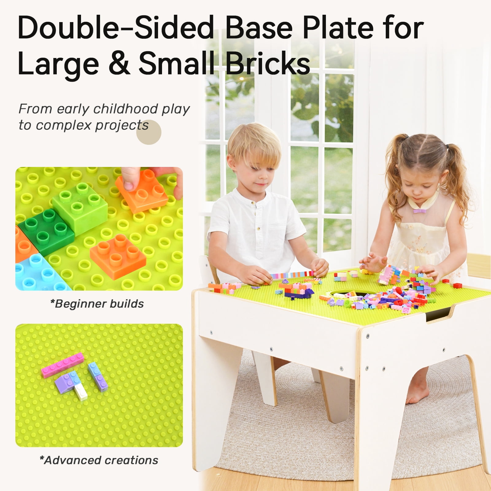 Kids Table and Chair Set, Reversible Wooden Activity Table with Board and Building Bricks Tabletop, 3 in 1 Wooden Toddlers Tables for Arts, Crafts