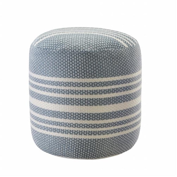 20" Blue And Ivory Round Geo Stripe Indoor Outdoor Pouf Ottoman
