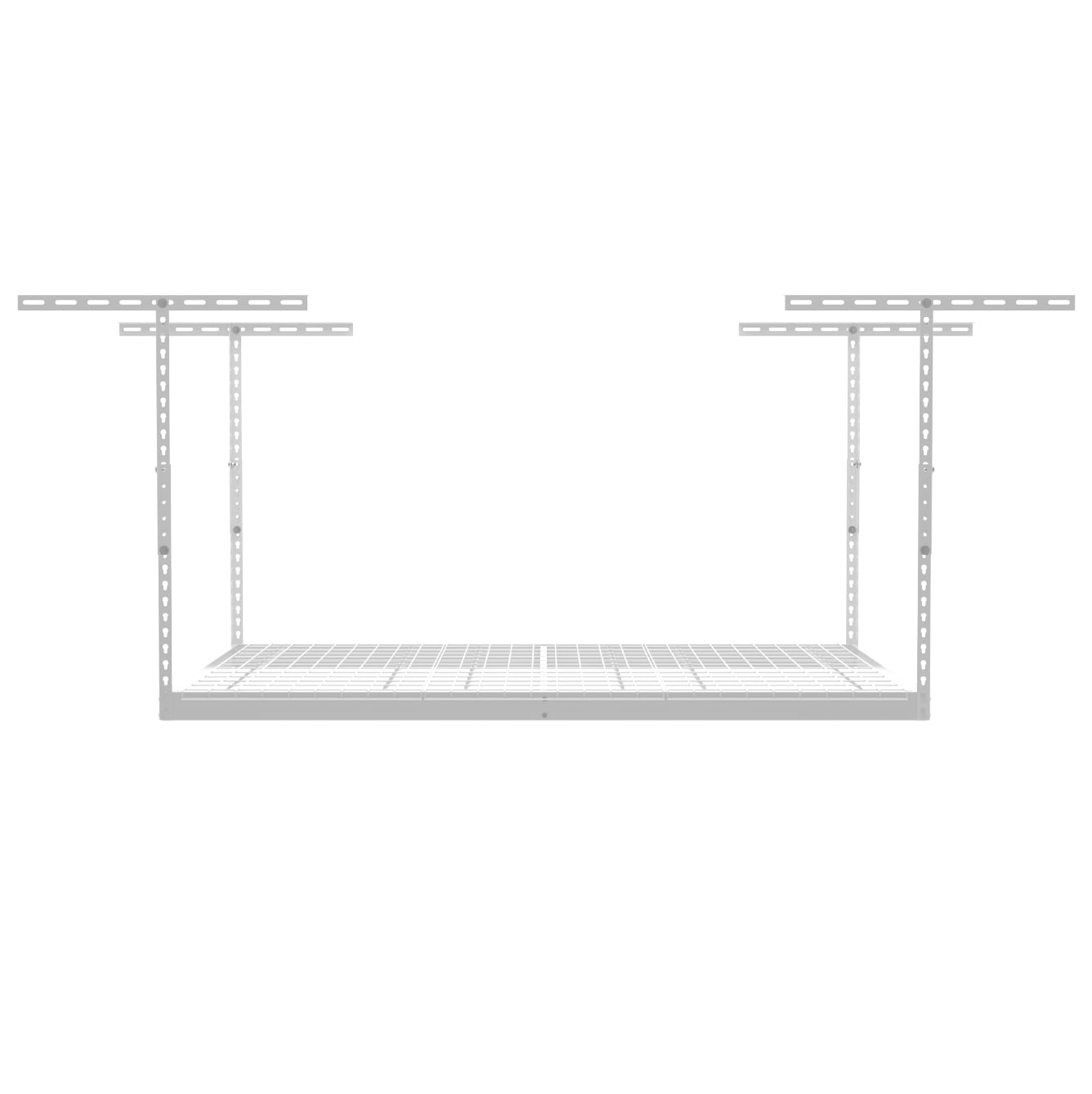 Overhead storage rack showing adjustable steel shelving and mounting hardware