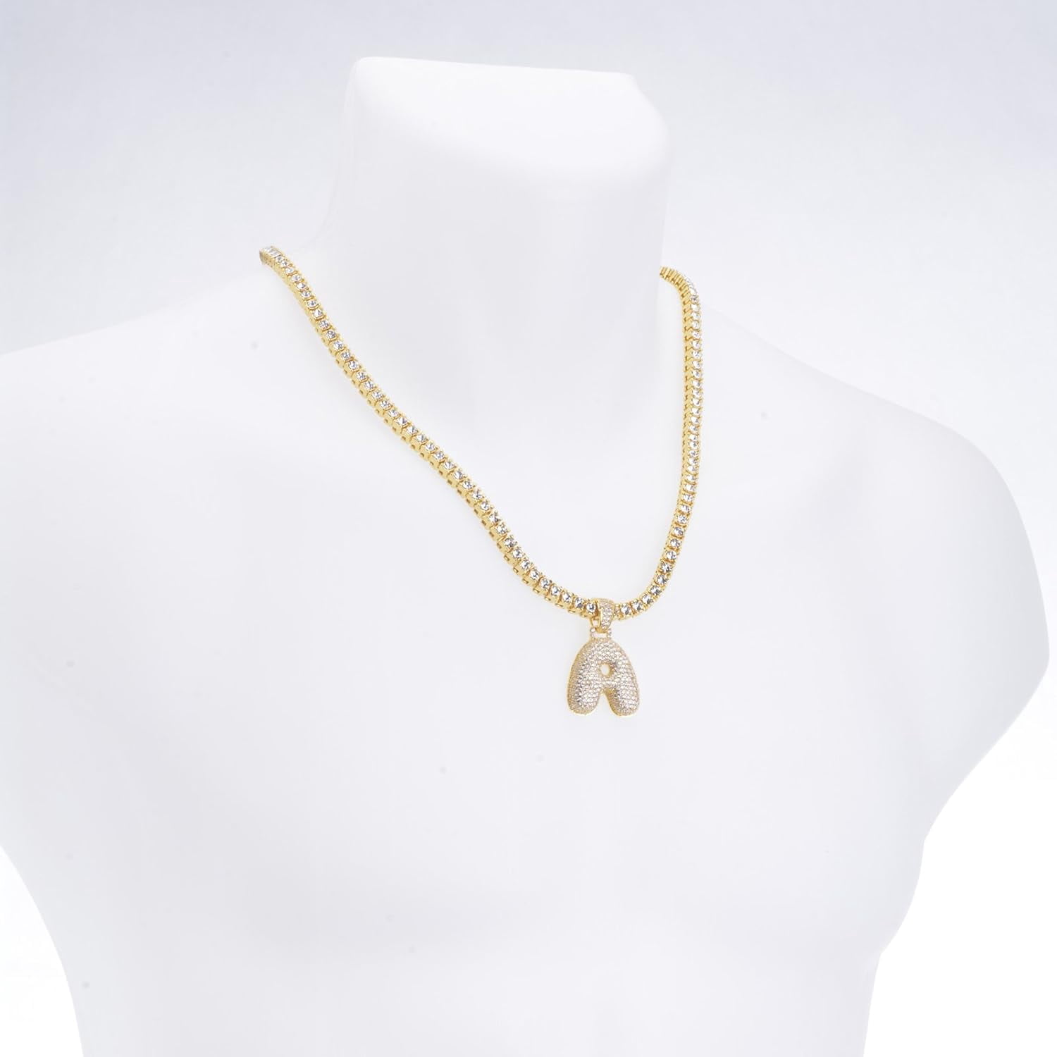 Iced Hip Hop A - Z Initial Bubble Letter 14K Gold Plated Real Feel Heavy 24" Tennis Chain Necklace Set / A / Gold