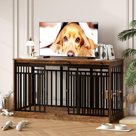 Huisuilinss Dog Crate Furniture,55" Large Dog Kennel Indoor,Metal & Wood Dog Cage With Sliding Door And Food Bowl,TV Stand End Table For Extra Large Or Medium Dogs