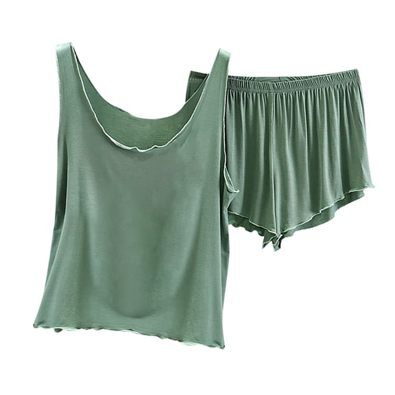 Ohufall Womens Two Piece Modal Pajama Sets Summer Solid Sleeveless Crew Neck Tank Tops with Elastic Waist Shorts Ladies Soft Loose Home Lounge Sets