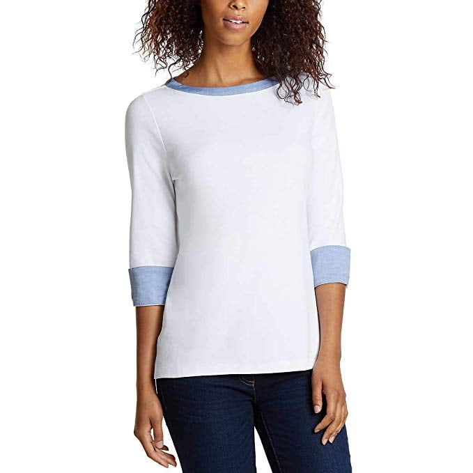 Nautica Women's 3/4 Cuffed Sleeve Chambray Casual Top, (XLarge, White