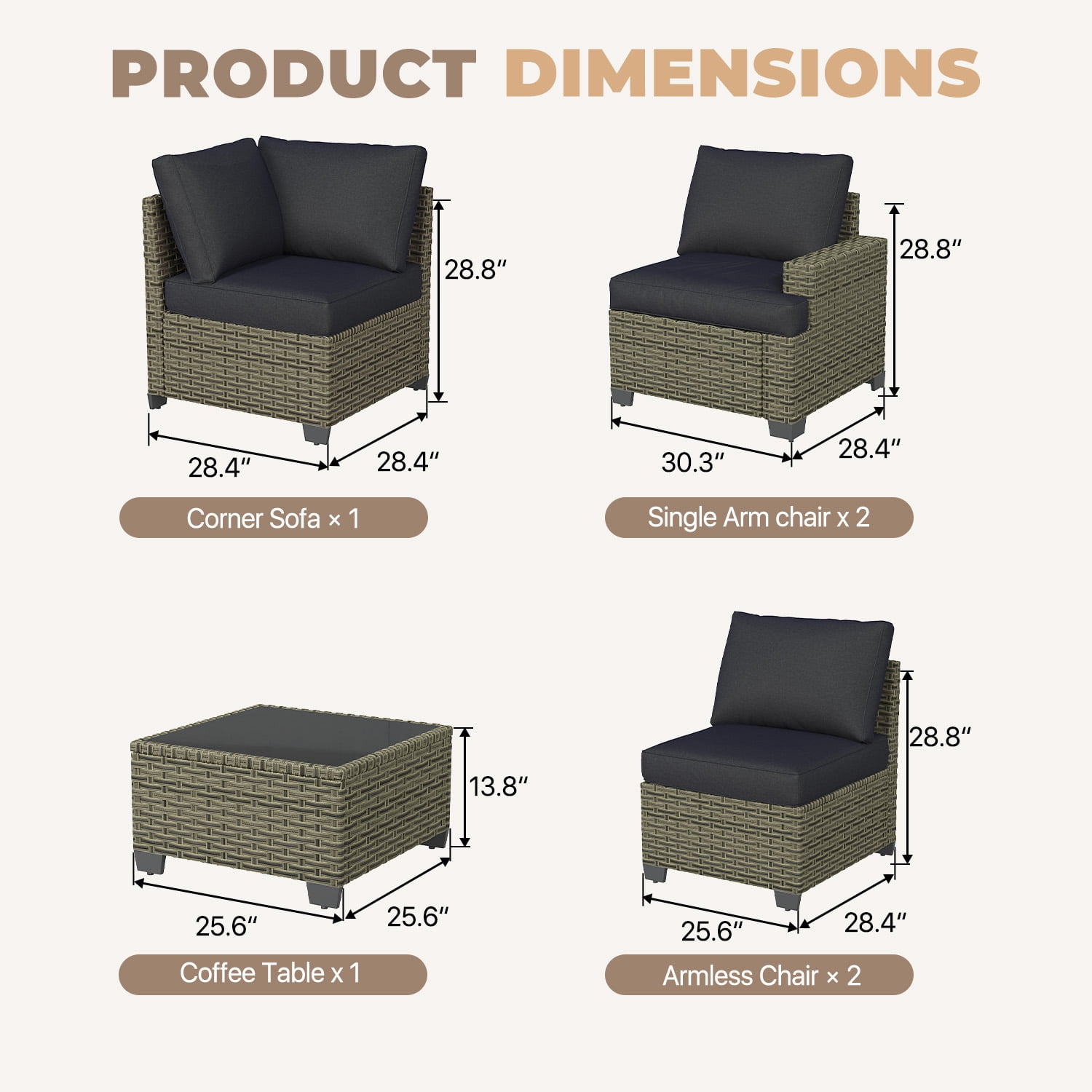 BaPiPro 6-Piece Outdoor Rattan Modular Sectional Sofa Set with High Resilience Black Cushions and Easy-Clean Tempered Glass Coffee Table, Flexible Configuration for Garden, Backyard & Patio