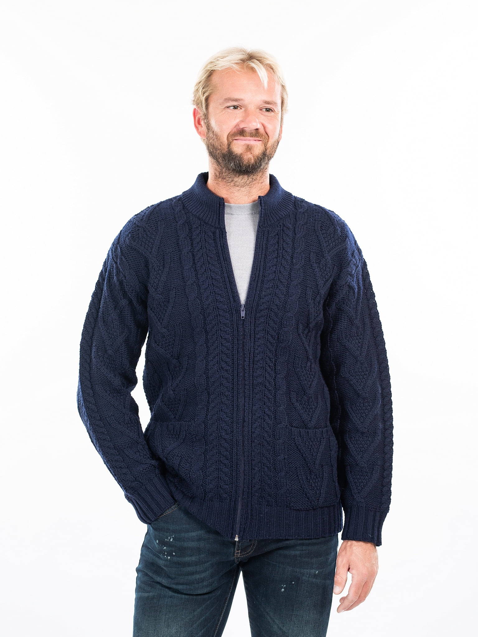 SAOL - SAOL Irish Cardigan Sweater for Men 100% Merino Wool Cable Knit ...