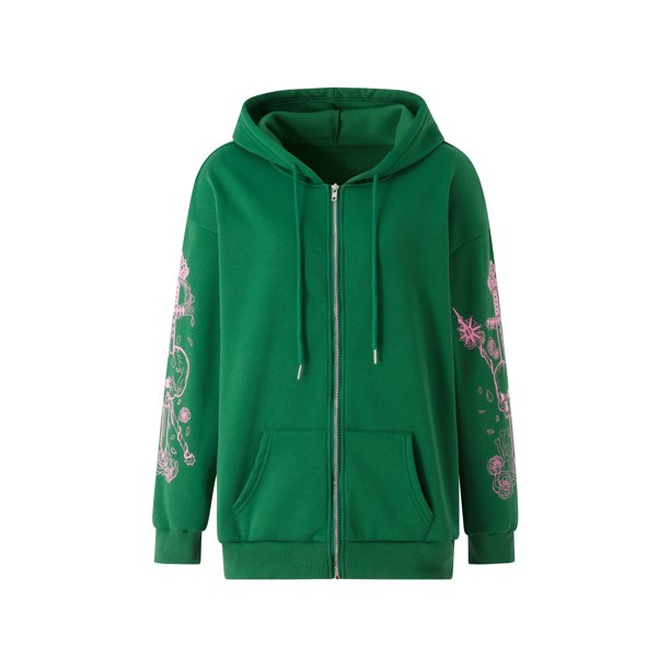 VISgogo Abrigo de sudaderas de otoño para mujer, estampado de dibujos animados de manga larga con cremallera Sudaderas con capucha Jersey deportivo Abrigo suelto VISgogo moda