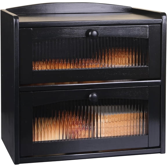 Breadbox for Kitchen Countertop Double Layer Large, Solid Wooden Farmhouse Bread Storage Container with Acrylic Window, Bread Holder Organizer Bin for Homemade Bread and Pantry(Black)