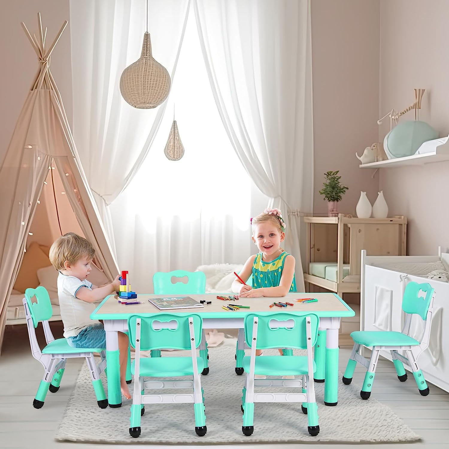 Pirecart Kids Table and Chairs Set Height Adjustable Graffiti Table, Preschool Activity Art & Craft Table and Chairs Set, Green