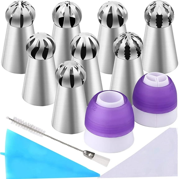 42 Pcs Russian Piping Tips Set, 8 Nozzles Flower Frosting Icing Tips Russian Ball Piping Tips for Cake Decorating Kit, 2 Couplers 30 Pastry Baking Bags 1 Cleaning Brush, 1 Reusable Silicone Bag
