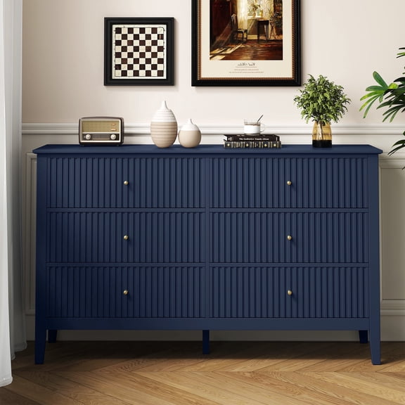 Heynemo Fluted 6 Drawer Dresser, Wide Modern Chest of Drawers, Large Wood Storage Organizer Cabinet for Bedroom, Living Room, Hallway, Entryway, Blue