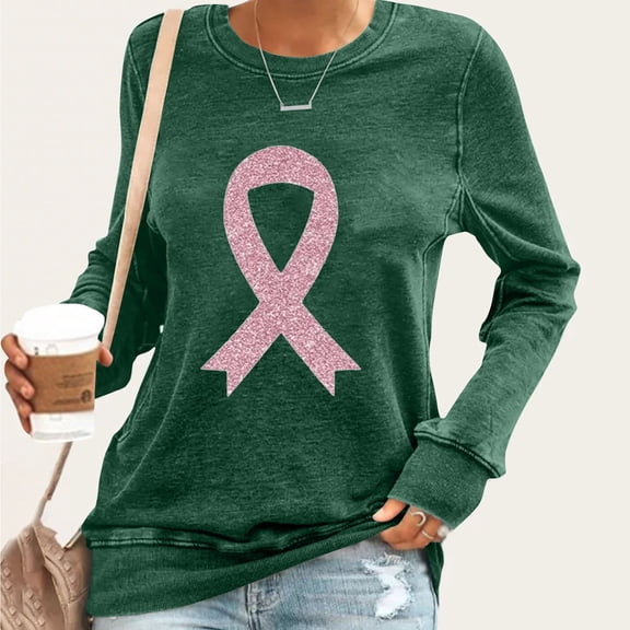 Pink Ribbon Breast Cancer Awareness Shirts for Women Causal Ribbon Print Graphic Tees Long Sleeve Crewneck Sweatshirt Green L