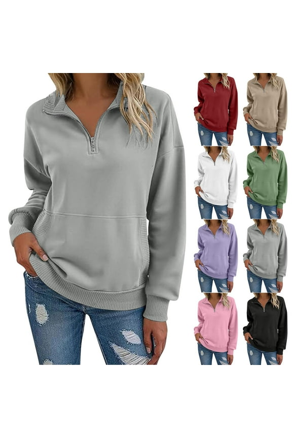 Women Sweatshirt Casual Long Sleeve Half Zip Pullover Lightweight Casual Loose Sweatshirts Fall Fashion Tops with Pocket Khaki 5XL