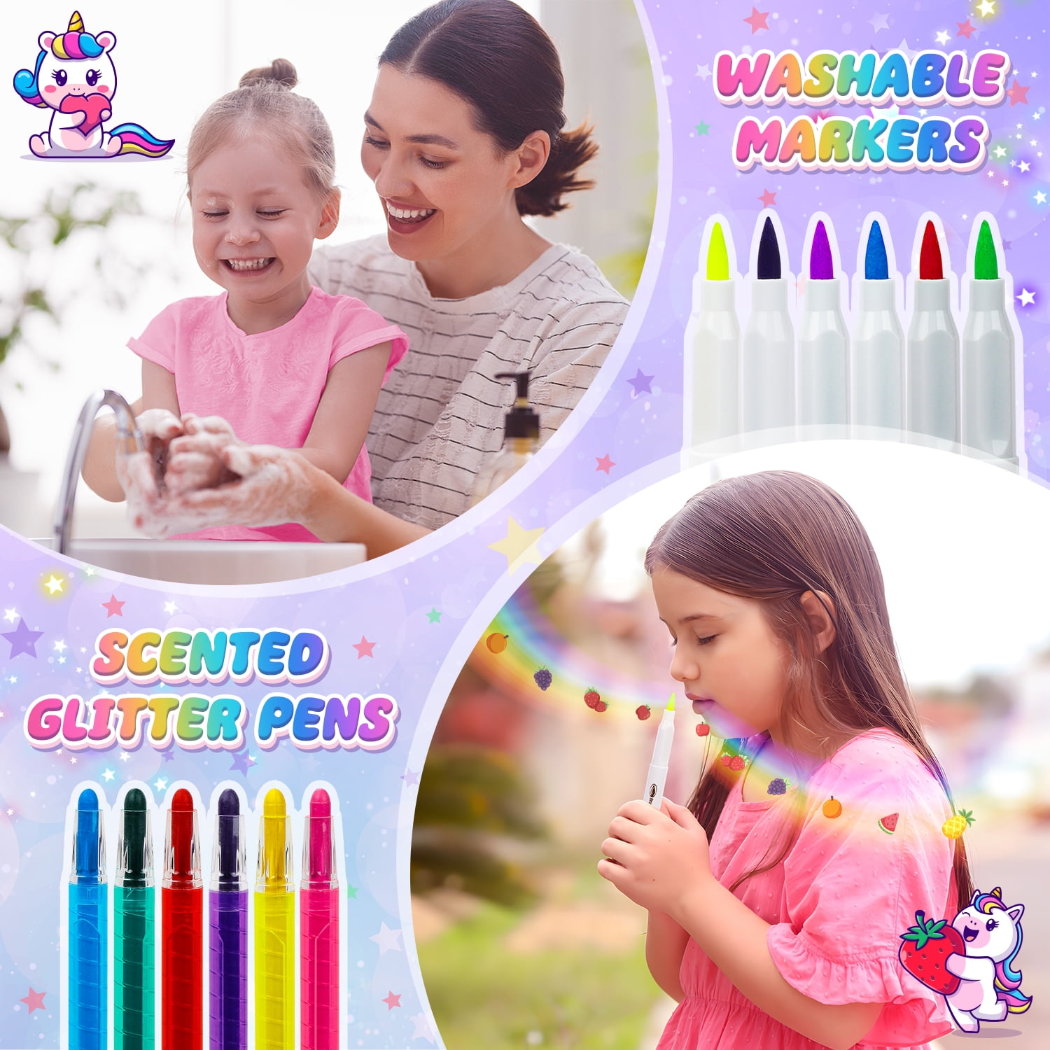 Hot Bee Fruit Scented Unicorn Marker Set, Painting Art Kit for Girls, 67 Piece Set with Markers, Crayons, Stickers, Christmas Unicorn Gift for Girls 4-12