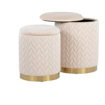 LumiSource Gold Metal, Cream Velvet Marla Quilted Ottoman Set