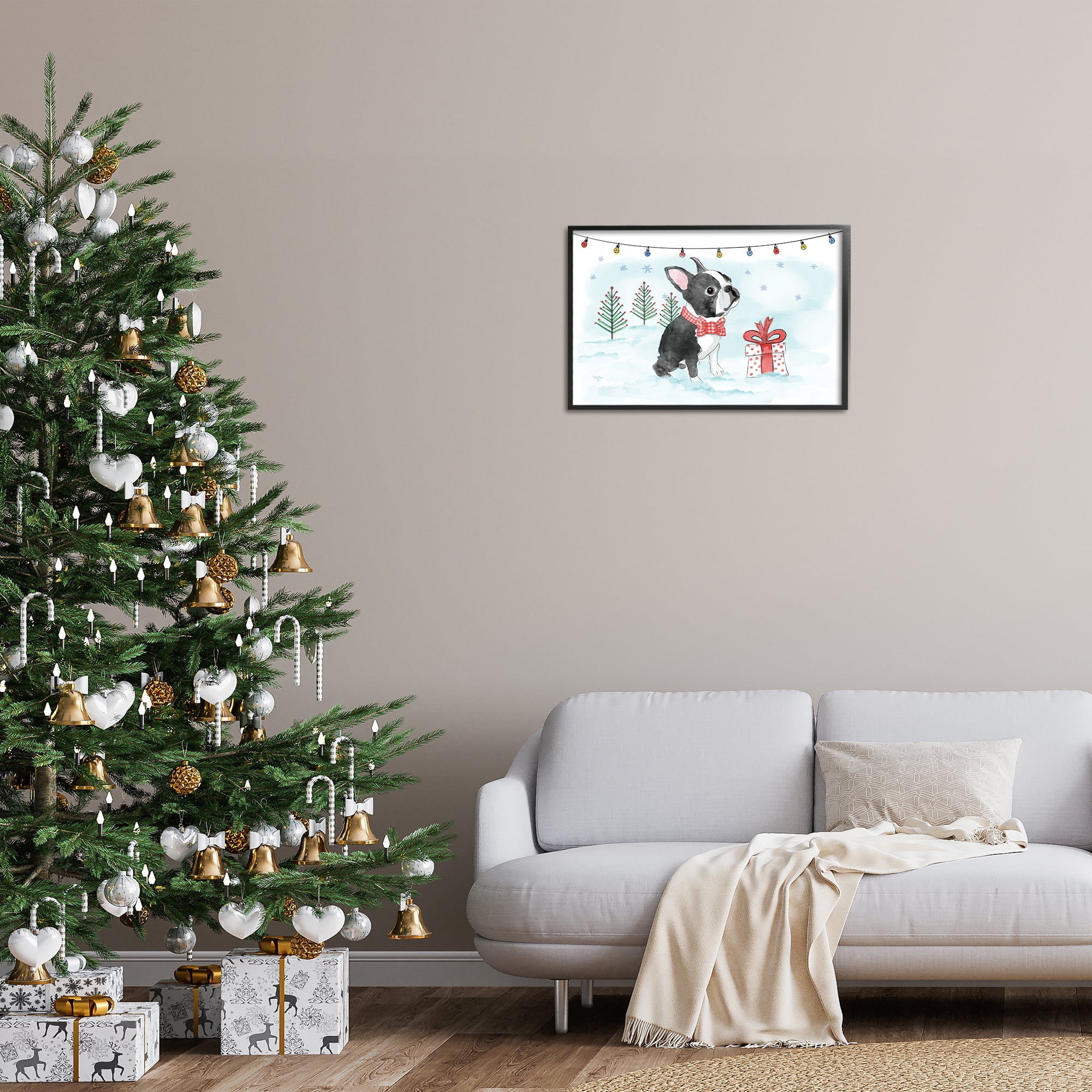 Stupell Industries Snowy Boston Terrier Holiday Painting Black Framed Art Prints Wall Art, 24 x 16