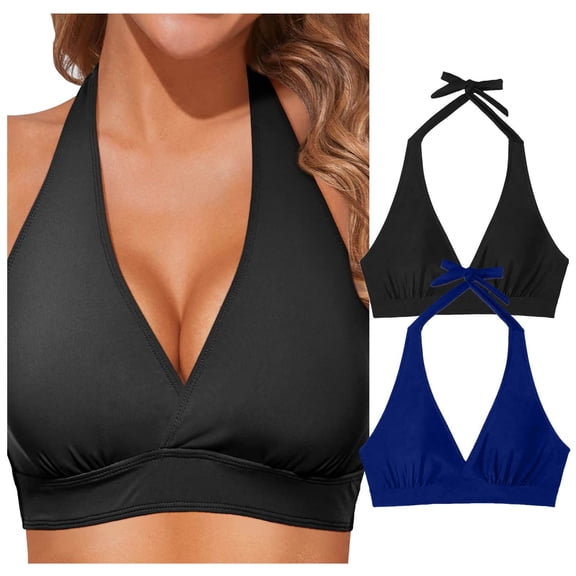 Women Halter Bikini Tops - Push Up Bathing Suit Top V Neck Full Coverage Swimsuit Top Only (Black, L)