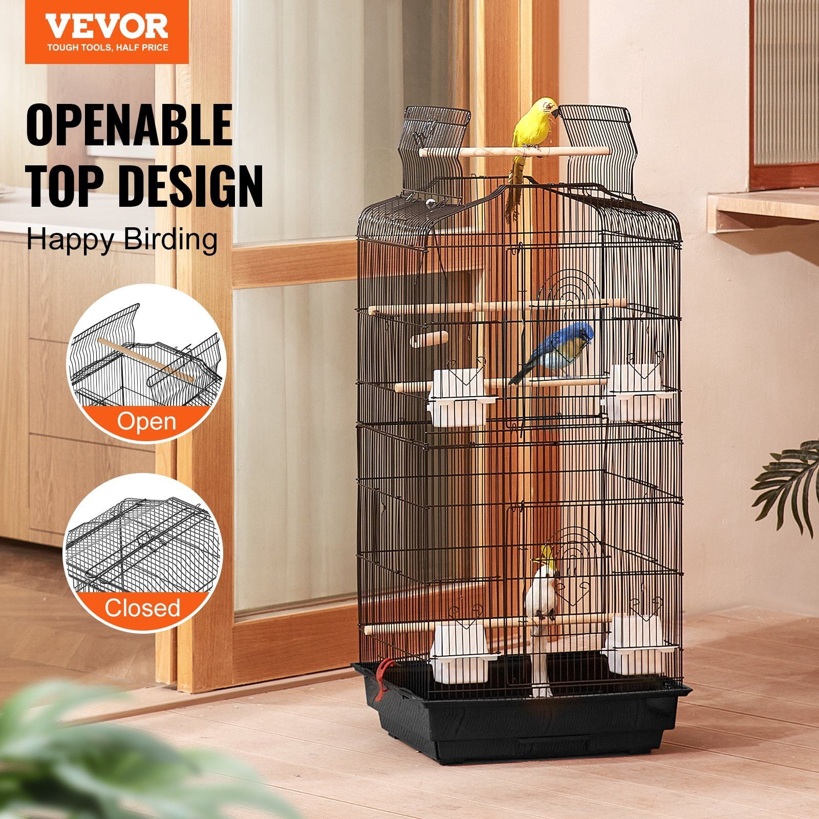 41 Inch Open Top Large Parrot Bird Cage Hanging Travel Flight Birdcage with Swing Perch for Parakeets Finches Canaries Lovebirds Cockatiels Budgies Quaker Conures