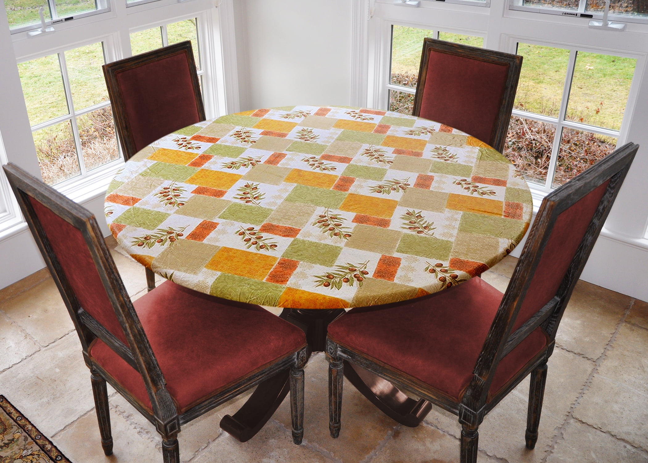 Elastic Edged Flannel Backed Fits Easily Around Any Round Table Up to 40-44 Diameter YILE Vinyl Round Fitted Tablecloth for Indoor/Outdoor Use Happy Thanksgiving Day 
