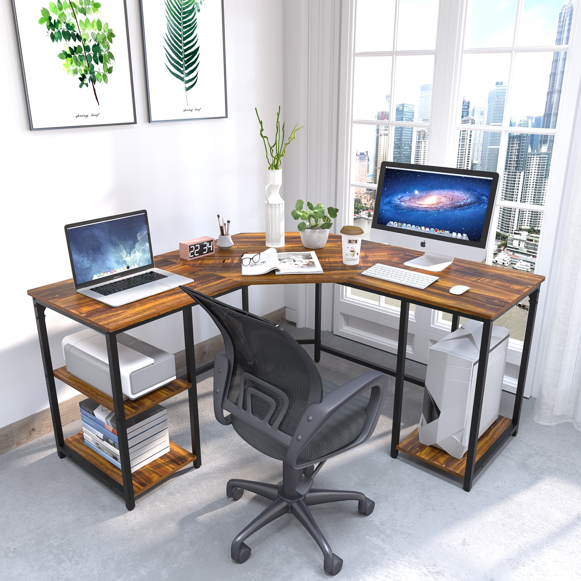 Computer Desk Corner L-shaped Workstation with Shelves Laptop Table Home Office 