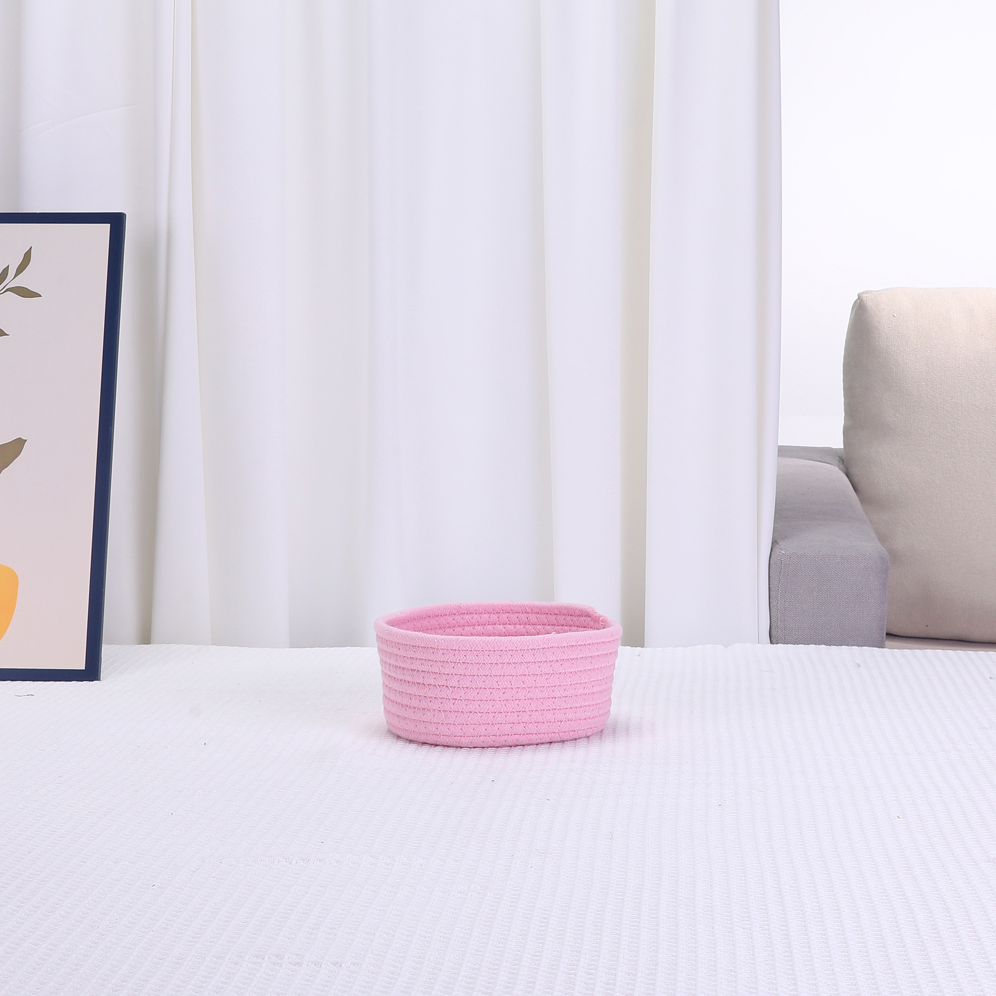 Unique Bargains Round Woven Storage Basket Small Storage Bin for Home Decor Pink S