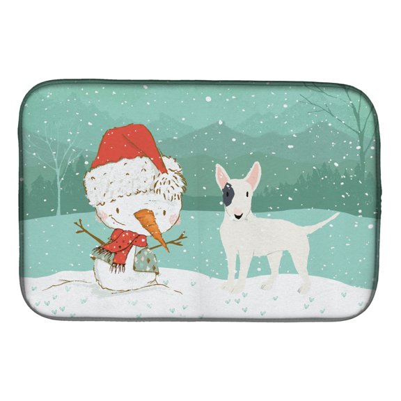 White Spot Bull Terrier Snowman Christmas Dish Drying Mat