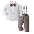 thumbnail image 2 of Toddler Boys Striped Suspender Gentleman Suit Birthday Wedding Outfit Soft Stripe Long Sleeve Shirts Solid Bow Tie Cotton Suspender Long Pants, 2 of 8
