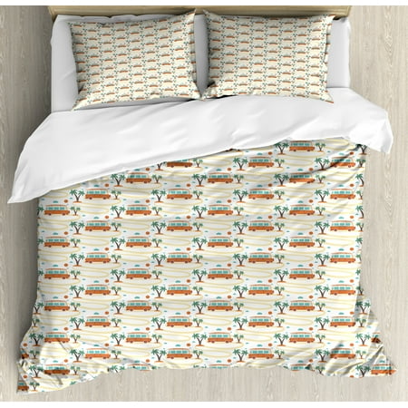 Tropical Queen Bedding Sets Happy Camper Queen Size Duvet Cover Set, Hippie Van on Tropical Road Hawaiian Palm Trees Summer Vacation, Decorative 3 Piece Bedding Set with 2 Pillow Shams, Orange Cream and Green, by Ambesonne ()