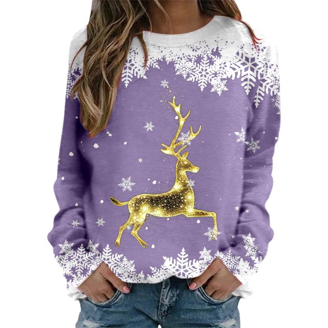 WEAIXIMIUNG Sweatshirts Grande Taille pour Femmes 3X Carcos Dames Décontracté Grand Cerf Doré Flocon de Neige Imprimé de Noël Col Rond Manches Longues Capuche Légère