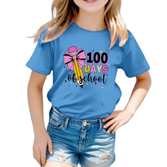 TZEWGL Tees For Girl Boy Solid Color Letter Printed Round Neck Short Sleeved Blouse For Toddlers size 8-9T