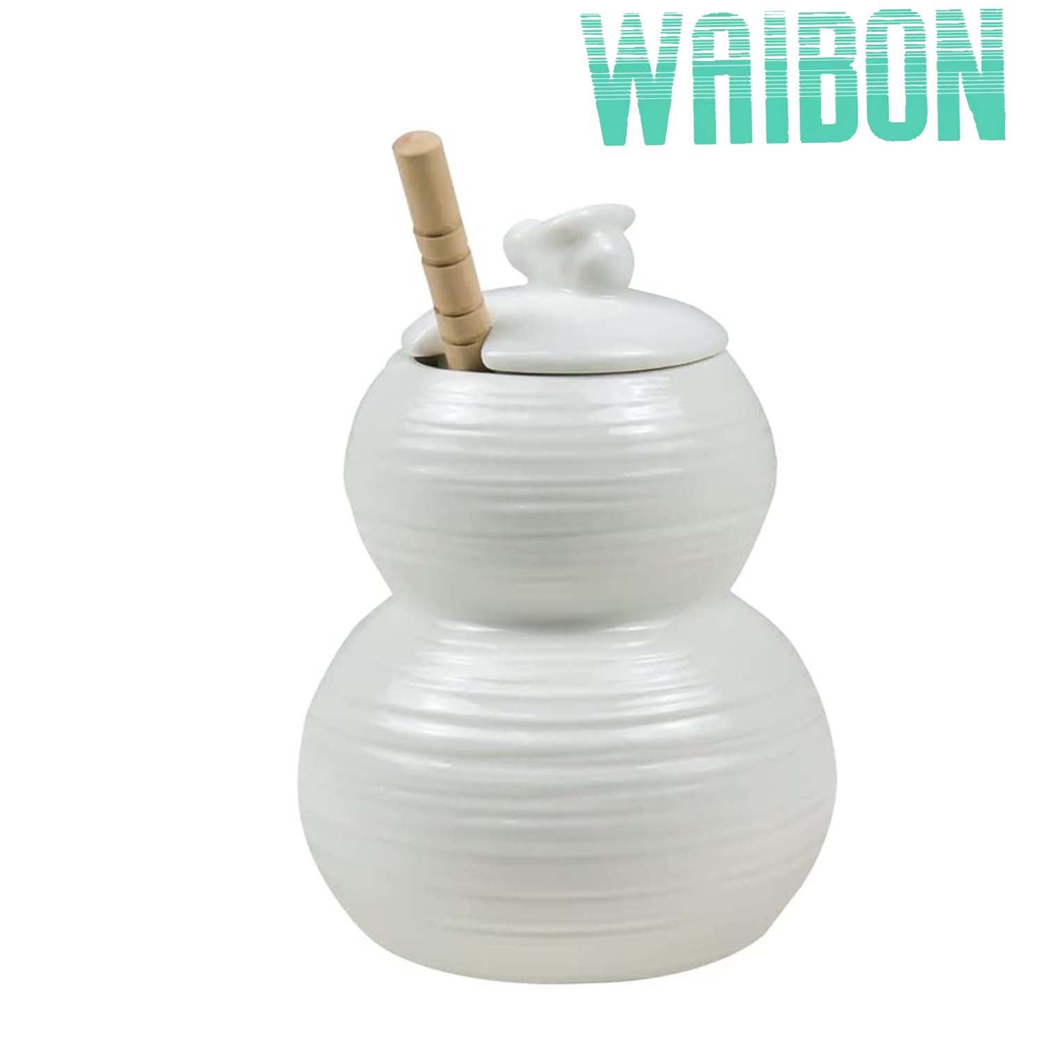 Porcelain Honey Jar, White Ceramic Gourd Shape Honey Dipper Stick and