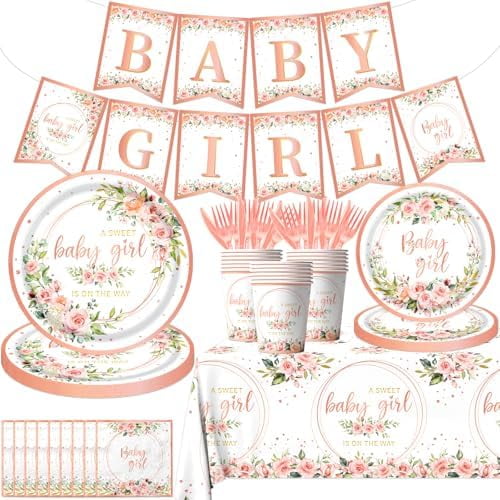 Rose Gold Baby Shower Plates and Napkins Girl Serve 20, Pink Floral Baby Shower Plates Napkins Cups Banner Tablecloth Forks Knives Decorations Party Supplies$$Home Decor, Kitchen, & Other