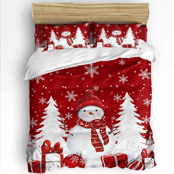 Christmas Red Snowman King Size Comforter Set, White Pine Tree Xmas Ballssnowflakes Soft Bedding for All Seasons, 4 Pcs Bed Set with 1Comforter (90"x106") ,1 Sheet(94"x116"), 2 Pillowcases (19"x35")
