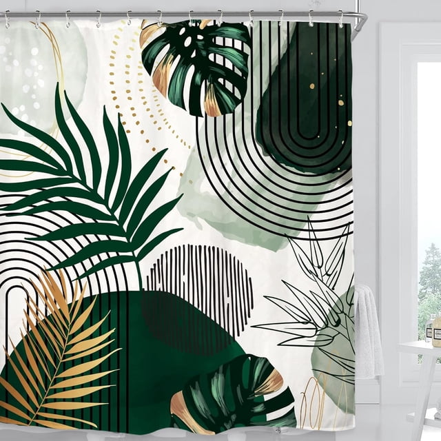 Abstract Tropical Leaves Shower Curtain Set 71Wx71H Inches Summer Monstera Palm Botanical Plant Emerald Green Modern Polyester Waterproof Cloth Bathroom Curtain with 12 Hooks