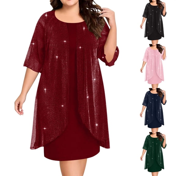Jinhomg Women's Sparkly Dresses Wedding Guest Short Sleeve Flowly Party Dress Black XL