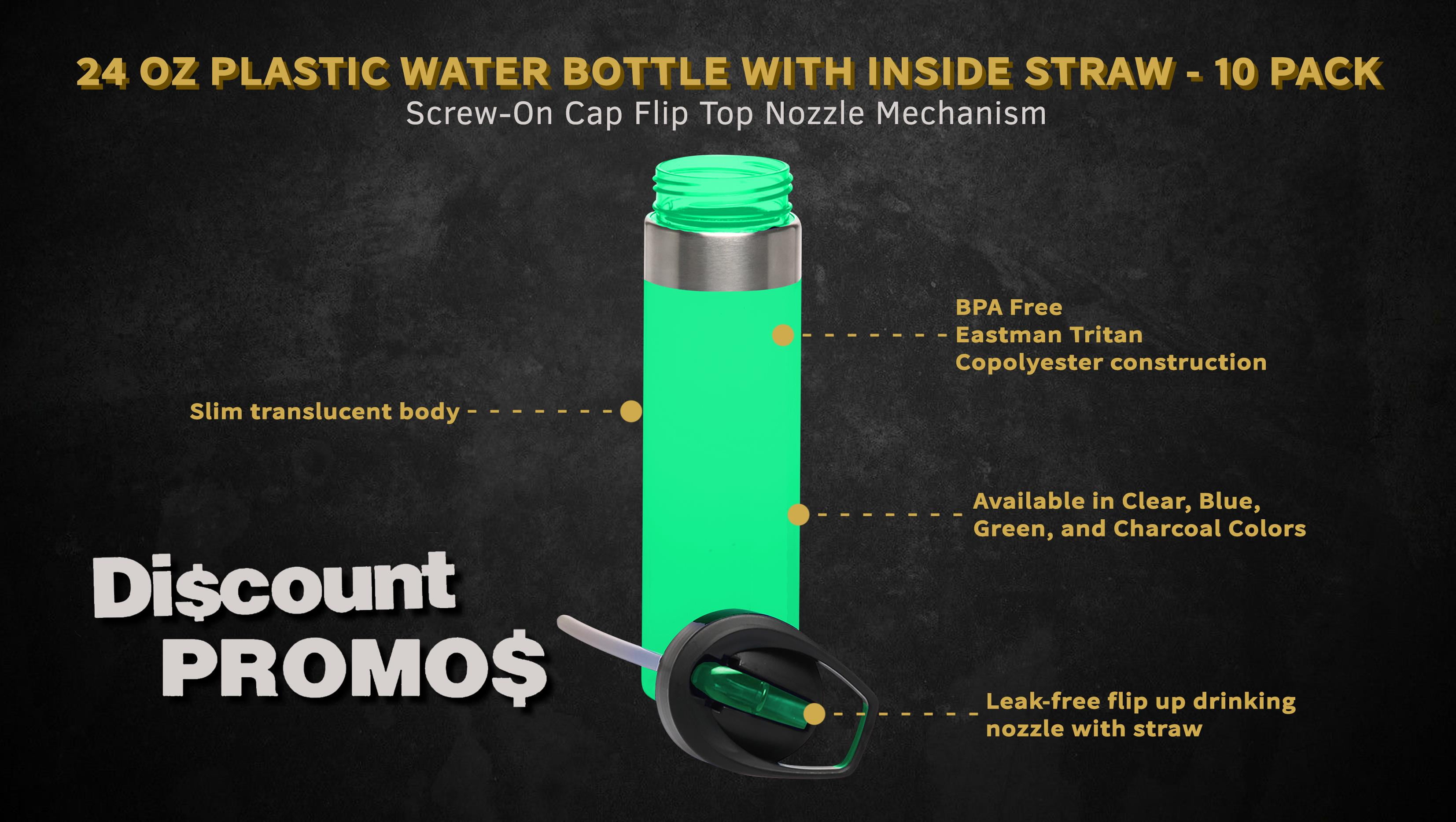 Plastic Water Bottle 24 oz with Inside Straw - BPA Free, Screw-On Cap, Flip Top Nozzle Mechanism - Slim Translucent Body - Eastman Tritan Copolyester - Green - 10 Pack
