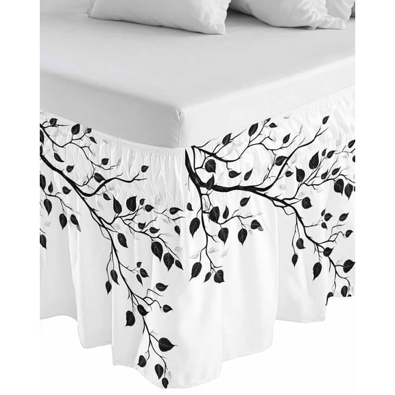 Black Botanical Wrap Around Bed Skirts for Queen Bed 18" Drop, Bed Skirt with Adjustable Elastic Belt Dust Ruffle Bed Valance for Bedroom Hotel Luxury Watercolor Summer Botanical Bed Frame Cover