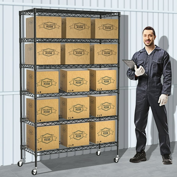 Unité d'Étagères Grillagées à 6 Niveaux avec Roulettes, Tablettes de Rangement Ajustables, Étagère Grillagée en Métal Robuste Autoportante, Étagères de Garage pour Rangement Domestique Multifonctionnel, Capacité de Charge de 2100 Lb