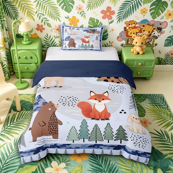 Castle Fairy Cute Camo Woodland Animal Twin Duvet Cover,Fox Bear Deer Puppy Pine Twin Bedding,Sky Blue Cream,Navy Blue Reversible,2pcs,No Comforter,1 Duvet Cover and 1 Pillowcase