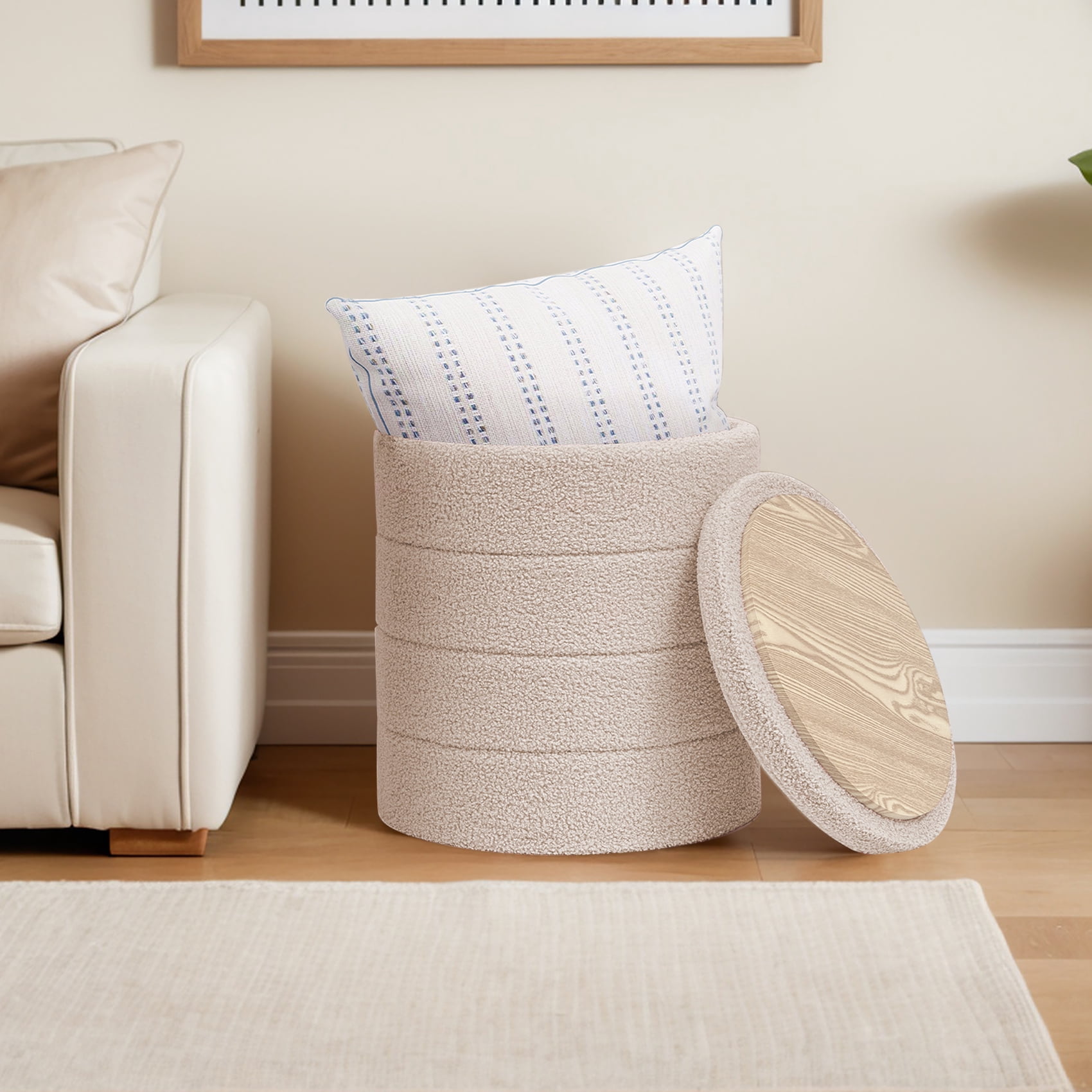 B FSOBEIIALEO 14.6inch Collapsible Storage Ottoman Round with Tray Teddy Fabric Living Room Bedroom Ottoman with Storage(Beige)
