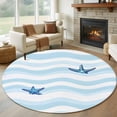 thumbnail image 2 of Blue White Striped Large Area Rugs for Bedroom Living Room, Soft Non Slip Carpet Bedside Rug, Starfish Coastal Waves Round Floor Cover Kitchen Accent Rug 8' for Dining Room/Office, 2 of 9