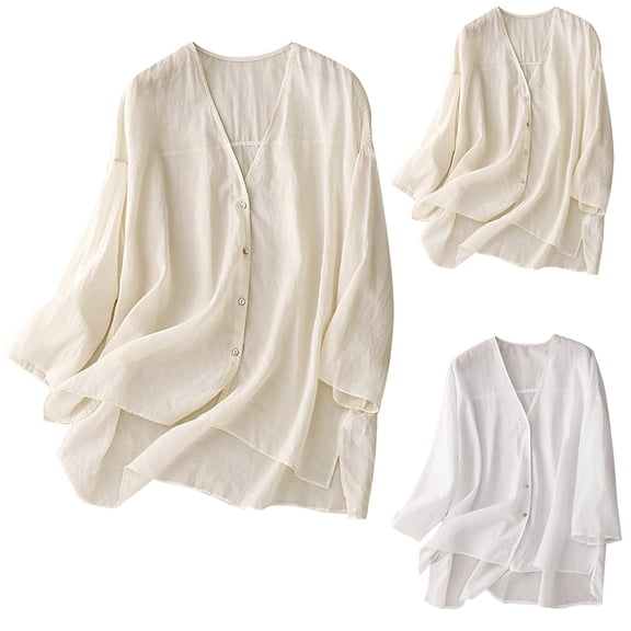 Women's Thin Loose Fit Shirt Blouse Top Solid Color V Neck Short Sleeve Breathable Casual Spring Summer Fashion | CSEONE,Beige L
